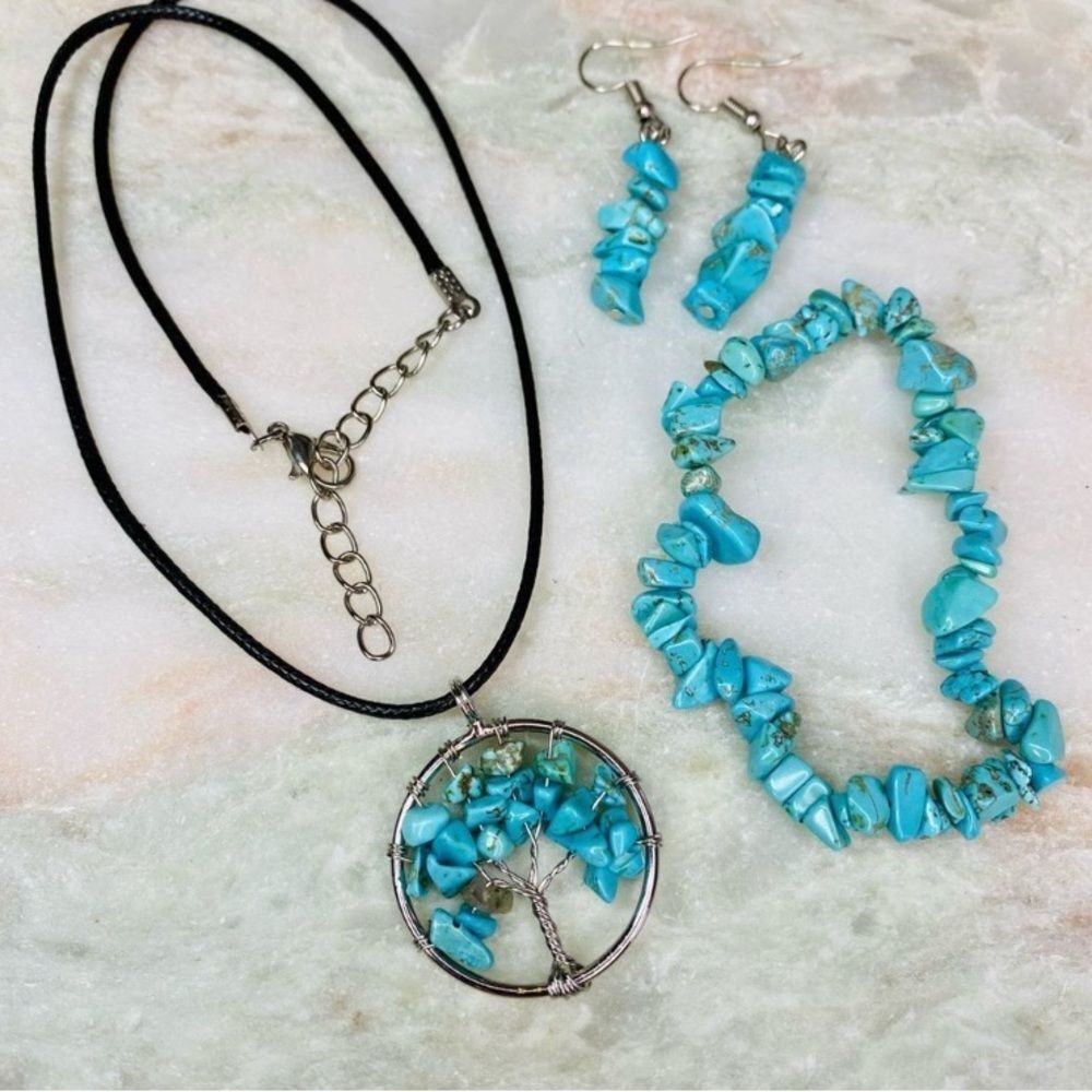 Blue Turquoise Chip Jewelry Tree of Life Necklace Stretch Bracelet & Earrings